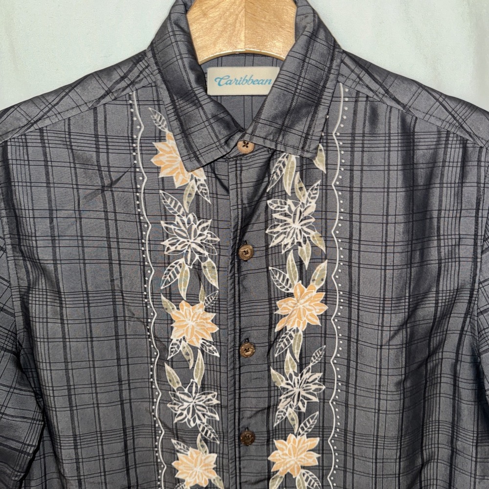 Mens Tropical SM Short Sleeve Gray Plaid Floral Button Up Shirt RETRO